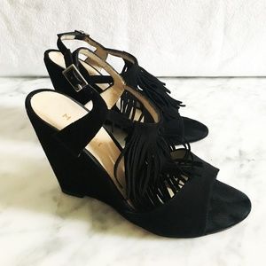 Black Suede Fringe Wedge Heels